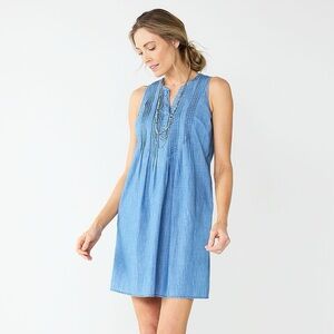 NWT Women's Sleeveless Pintuck Chambray Mini Dress Minimalist Cottage